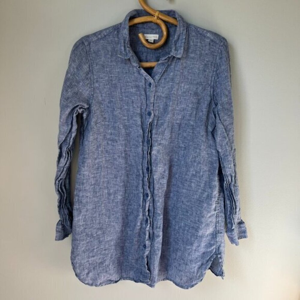 Garnet Hill Blue Linen Button Down Shirt Women's Petite Small